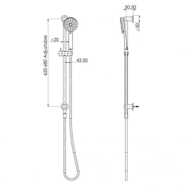 Technical Drawing Phoenix Vivid Slimline Water Through Rail Hand Shower Brushed Gold VS687-12 - The Blue Space