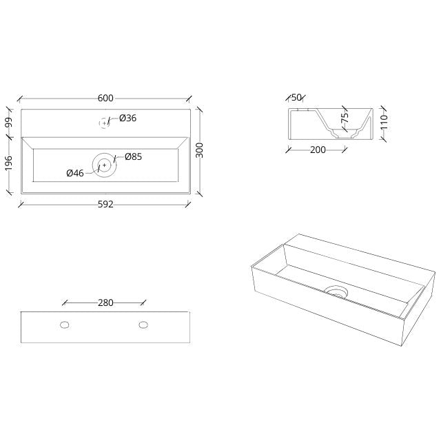 Technical Drawing Studio Bagno Spy 60 Basin 0 Taphole SPY60/0 - The Blue Space