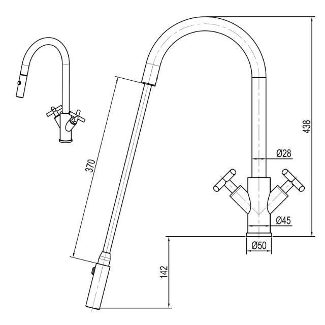 Technical Drawing Suprema Xpress Fit X-Gen Dual Handle Retracable Sink Mixer - Chrome XFIT1010RKM_PS - The Blue Space