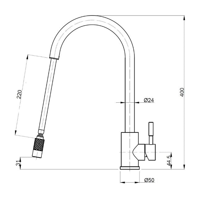 Technical Drawing Suprema Xpress Fit Xplorer Retractable Sink Mixer - Black Bling XFIT900RKM_BP - The Blue Space