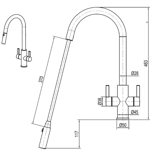 Technical Drawing Suprema Xpress Fit Xssence Dual Handle Retracable Sink Mixer - Gun Metal XFIT1020RKM_GM - The Blue Space