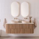 ADP Thirroul 1500 Double Bowl, Prime Oak, 12mm Arctic White Durasein benchtop, Push-to-open, Jean Concrete Above Counter Basins, Butter, Sera Pill LED Mirrors, Soul Basin Mixer & Spout in Brushed Brass