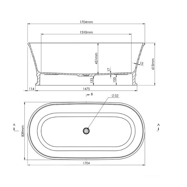 Technical Drawing Turner Hastings Claremont 1700 MagnaCast Free Standing Bath - Matte White CL1700MCB - The Blue Space