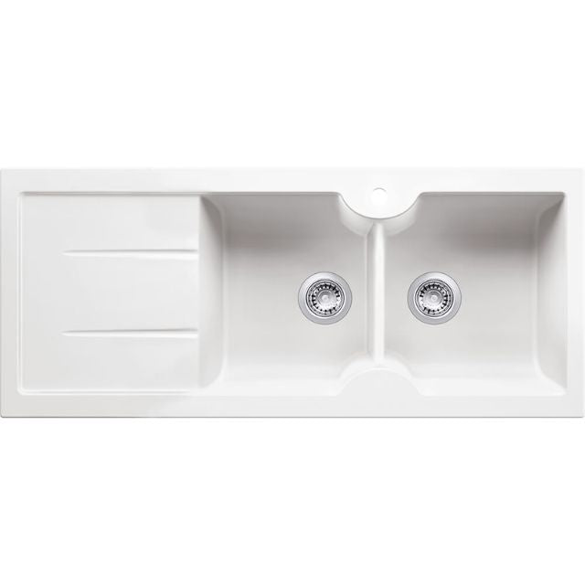 Turner Hastings Cuisine 116 x 50 Inset / Undermount Fine Fireclay Sink - Double Bowl and Single Drainer - Gloss White