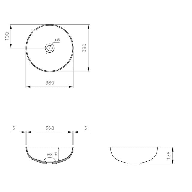 Technical Drawing Turner Hastings Fino Round 379 Above Counter Fireclay Basin - Gloss White FI3790CTB  - The Blue Space