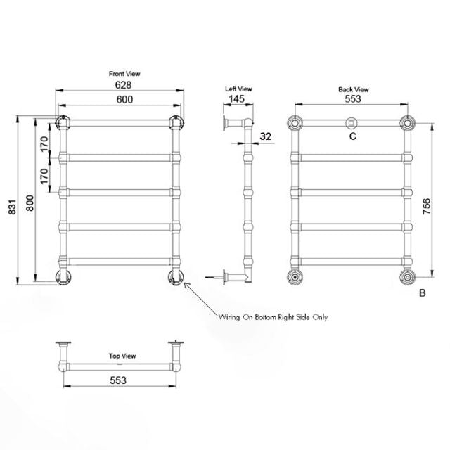 Technical Drawing Turner Hastings Mayer Liquid-Filled Heated Towel Rail - Brushed Brass MA602HTR-BB - The Blue Space