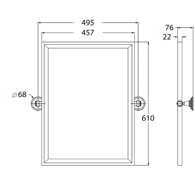 Technical Drawing Turner Hastings Mayer Pivot Rectangle Mirror 610mm x 495mm - Brushed Brass MAR462-BB - The Blue Space