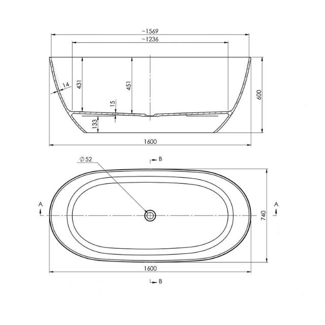 Technical Drawing Turner Hastings Narva 1600 MagnaCast Free Standing Bath - Matte White NA1600MCB - The Blue Space