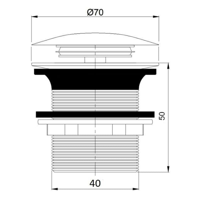 Technical Drawing Turner Hastings TitanCast 40mm Safety Pull-Out Bath Waste - Satin Silk White TC400PU - The Blue Space