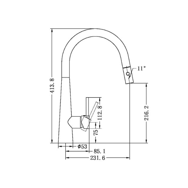 Technical Drawing Nero Dolce Pull Out Sink Mixer With Vegie Spray Function Brushed Gold NR581009cBG - The Blue Space