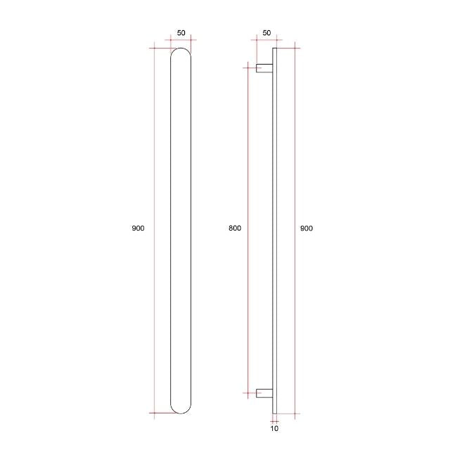 Technical Drawing Thermogroup Brushed Nickel Flat Pill 12V Vertical Single Heated Towel Rail VP900BN - The Blue Space