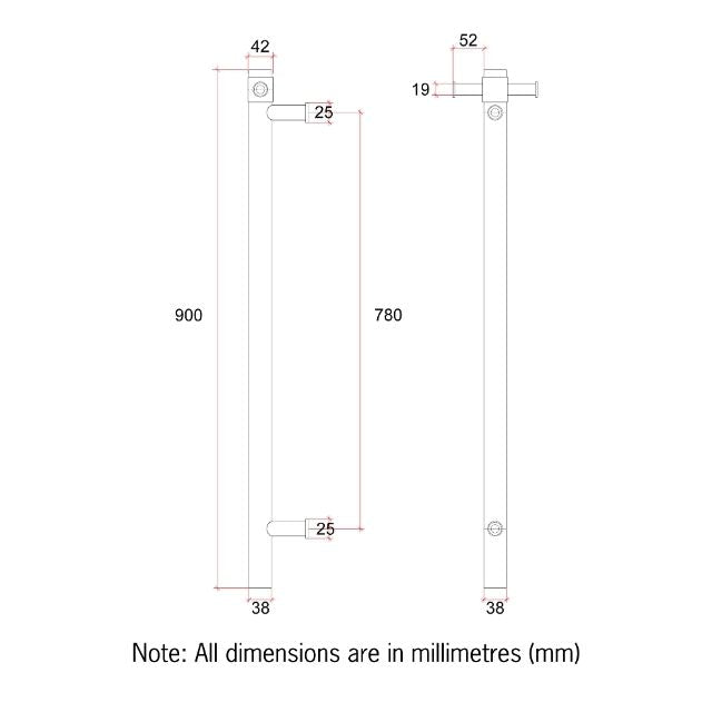 Technical Drawing Thermogroup Thermorail 12 Volt Single Heated Towel Rail - Brushed Bronze VS900HBZ - The Blue Space