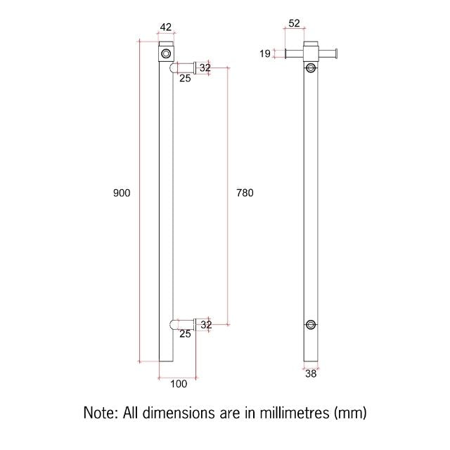 Technical Drawing Thermogroup Thermorail 240 Volt Single Heated Towel Rail - Brushed Gold VSH900HBG - The Blue Space