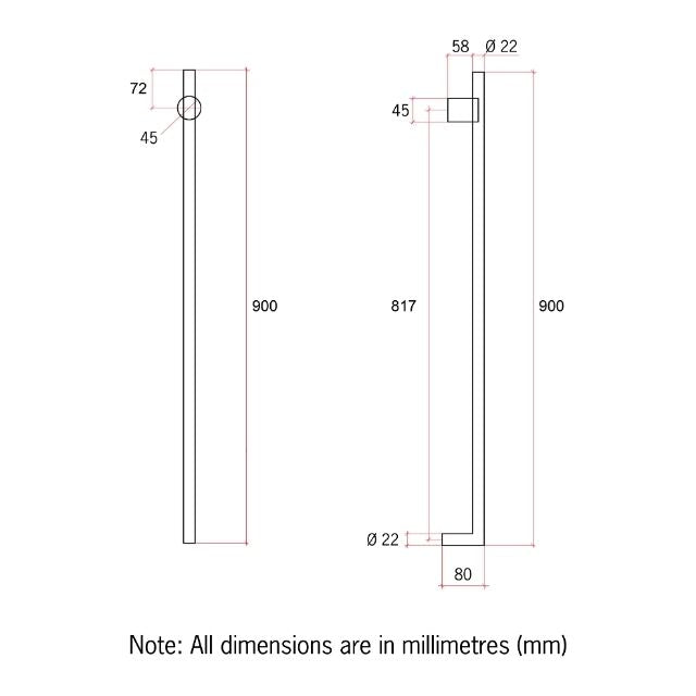 Technical Drawing Thermogroup Thermorail Thin/Round 240Volt Vertical Heated Towel Rail - Brushed Brass VTH900BB - The Blue Space