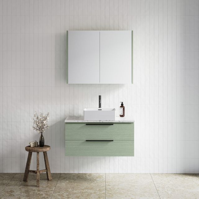 Timberline Ashton Wall Hung Vanity With Above Counter Basin - 900mm Centre Basin With Bayleaf Cabinet with Stratiss SilkSurface Top and White Gloss Iconic 420 Ceramic Basin ASH-V-900-C-SSA-W | The Blue Space