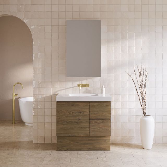 Timberline Carlo Floor standing Vanity with Grand Mineral Composite Top - 900mm Centre Basin with Natural Walnut Cabinet  - Jazz Shaving Cabinet  | The Blue Space