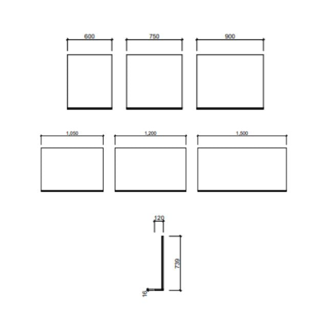 Timberline Essence Mirror - 600mm to 1500mm x 739mm Technical Drawing  | The Blue Space