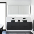 Timberline Henley Dockland Wall Hung Vanity With Above Counter Basin - 1800mm Double Basin with Black Satin Cabinet Grigio Stone SilkSurface Top and Black Matt Allure Ceramic Basins HEN-V-1800-D-SSA-W-DL | The Blue Space