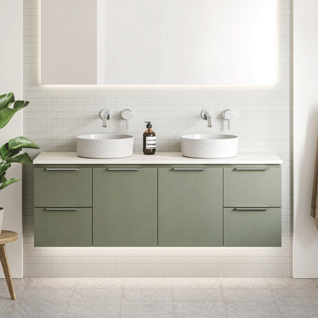 Timberline Nevada Wall Hung Vanity with above counter basins 1500mm double bowl, olive green cabinet. 
