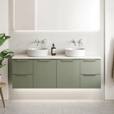 Timberline Nevada Wall Hung Vanity with above counter basins 1500mm double bowl, olive green cabinet. 
