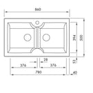 Technical Drawing Turner Hastings Cuisine 86 x 50 Inset / Undermount Fine Fireclay Sink - Double Bowl with Taphole - Gloss White  CUD86FS - The Blue Space