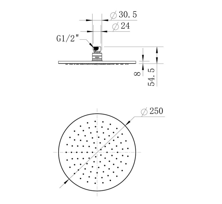 Technical Drawing: Star Round Shower Head 250mm Brushed Bronze