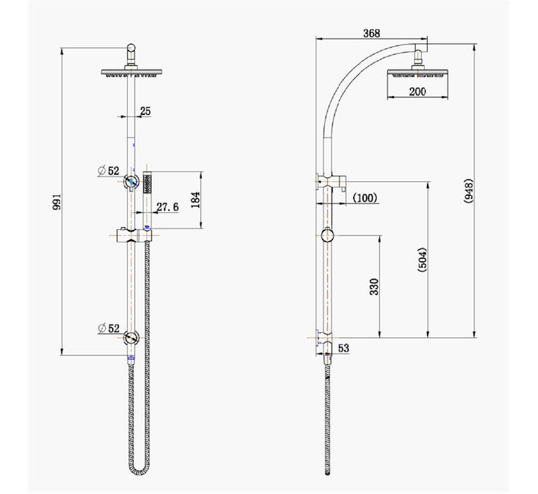 Technical Drawing: Manto Twin Exposed Rail Shower System ABS Head Chrome