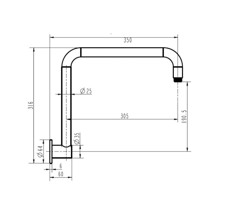 Technical Drawing: Star High Rise Shower Arm Round 350mm Matte Black