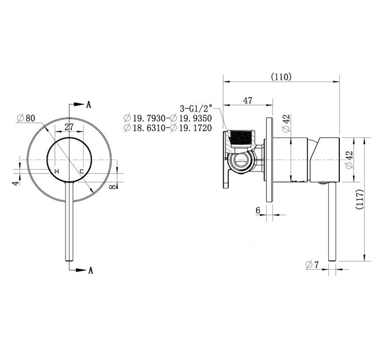Technical Drawing: Star Mini Shower Mixer PVD Champagne