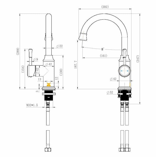Technical Drawing: Montpellier High Rise Goose Neck Basin Mixer Black