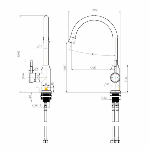 Technical Drawing: Montpellier Goose Neck Kitchen Mixer Brushed Bronze