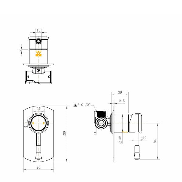Technical Drawing: Montpellier Shower Mixer Brushed Nickel
