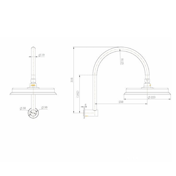 Technical Drawing: Montpellier Shower Arm and Rose Chrome