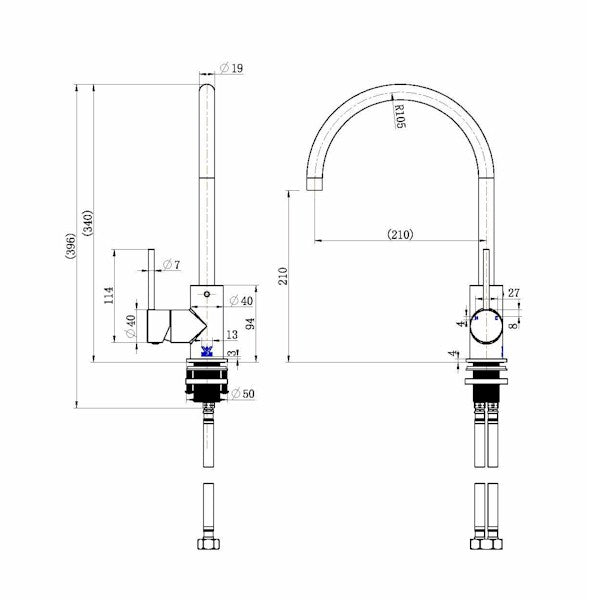 Technical Drawing: Star Mini Kitchen Mixer PVD Brushed Bronze