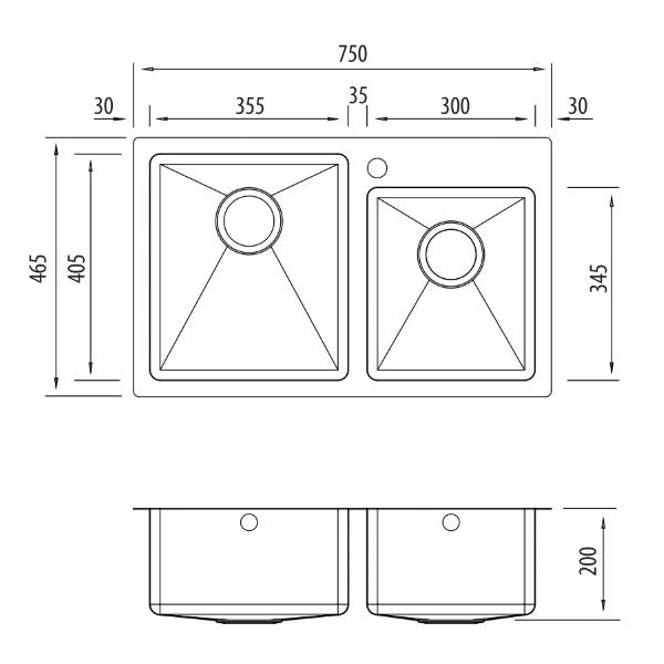 Technical Drawing: Oliveri Apollo 1 & 3/4 offset bowl sink 1TH R/H
