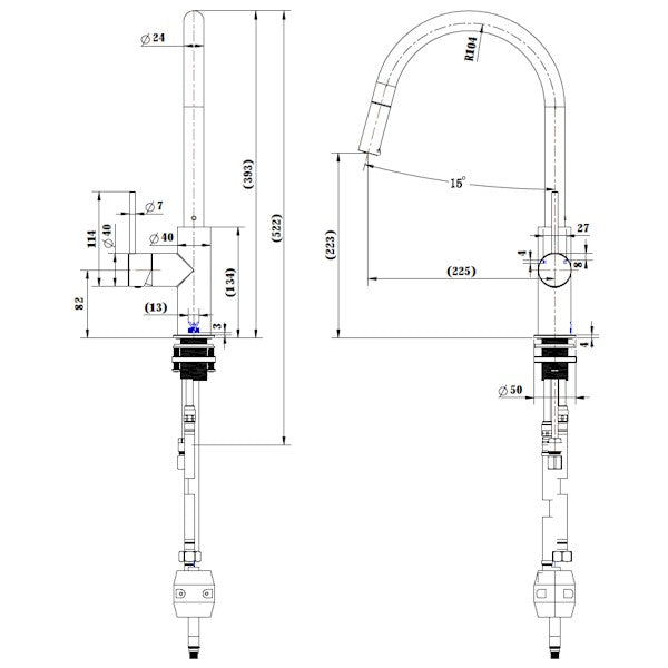 Technical Drawing: Star Mini Pull Out Kitchen Mixer PVD Brushed Bronze