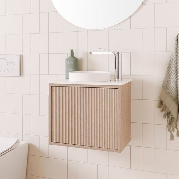 ADP Clifton Mini Wall Hung Small Vanity in Coastal Oak Finish with 1 Taphole & Gloss White Basin - The Blue Space
